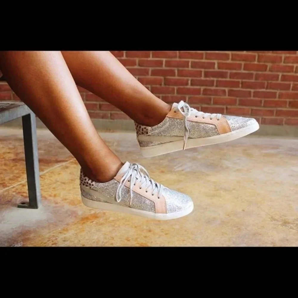 Dolce Vita Nino Silver Glitter Sneakers Animal Print Pony Hair Leather Size 9